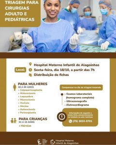 Hospital Materno-Infantil realiza triagem para cirurgias eletivas para mulheres e crianças na próxima sexta (18)